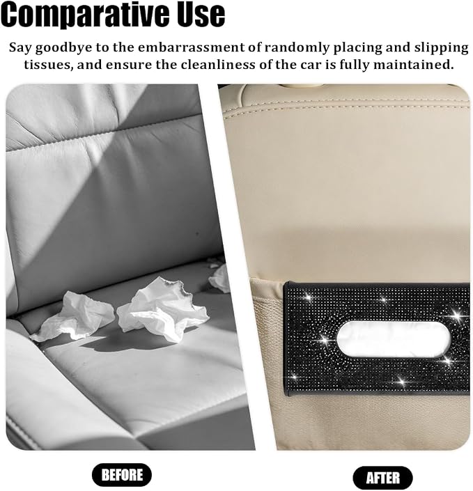 Bling Car Visor Tissue Holder, Shiny Rhinestone Leather Sun Visor Napkin Mask Case Holder Clip, Diamond AUT Paper Tissue Towel Box Dispenser, Universal Fit (Black)