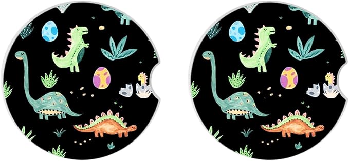 Cute Dinosaur Graffiti Ceramic Cup Holders - Pack of 2, Keep Cup Holders Clean and Dry, Drink Cup Car Holder Coasters with A Finger Notch
