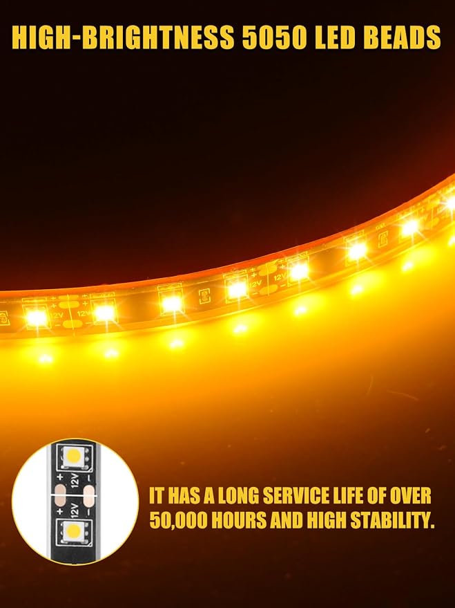 Car LED Strip Lights IP68 Waterproof Cuttable 24inch Yellow 4Pcs | 12V Footwell & Underbody Lights, 5050 SMD Beads, Interior & Exterior Light, Fits SUVs, Trucks, Motorcycles, Boats, Golf Carts