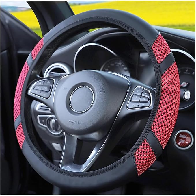 Car Steering Wheel Cover, Elastic Stretch Breathable Leather Vehicle Steering Wheel Protector, Automotive Interior Protective Accessories, Universal for SUV RV Truck (Red)