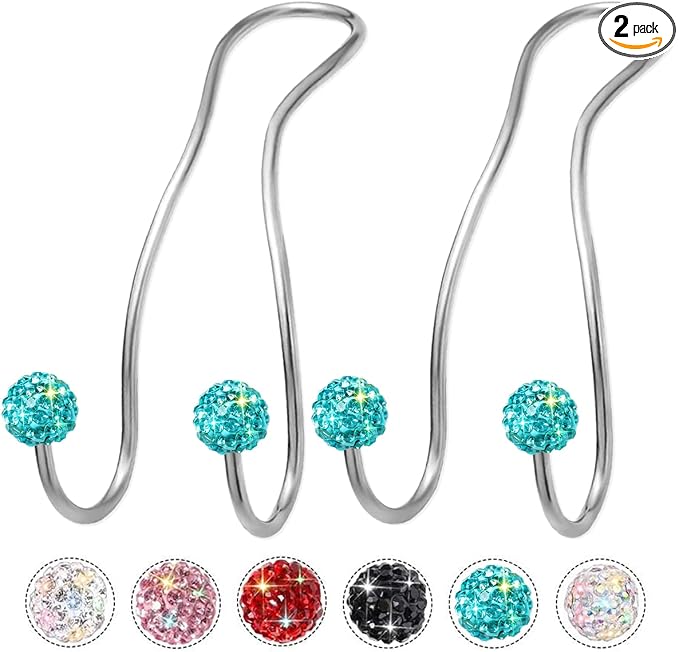 Bling Purse Hook for Car Headrest, Upgraded Cute Car Seat Hooks for Bag Handbag, Durable Stainless Auto Purse Hanger Holder 2 Pack, Lake Blue