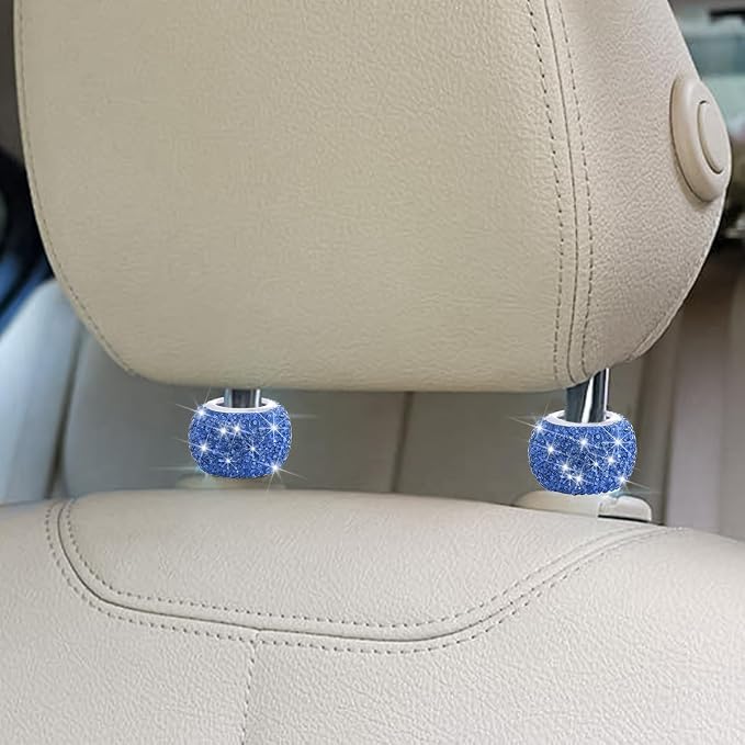 4PCS Bling Car Headrest Collars, Crystal Rhinestone Vehicle Head Rest Collars Decorative Rings, Diamond Automotive Seat Interior Charms Accessories, Universal for SUV, Sedan, Truck (Blue)