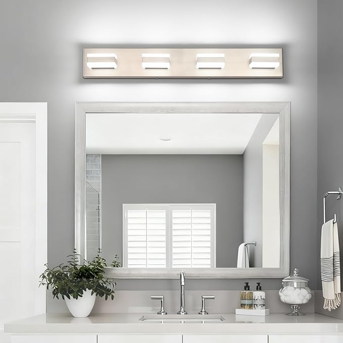 SOLFART Bathroom Light Fixtures Brushed Nickel Vanity Lights for Bathroom Above Mirror, 4 Light Led Lighting Fixture, Nickel Vanity Light,5 Color Temperature Adjustable Light Over Mirror ETL Listed