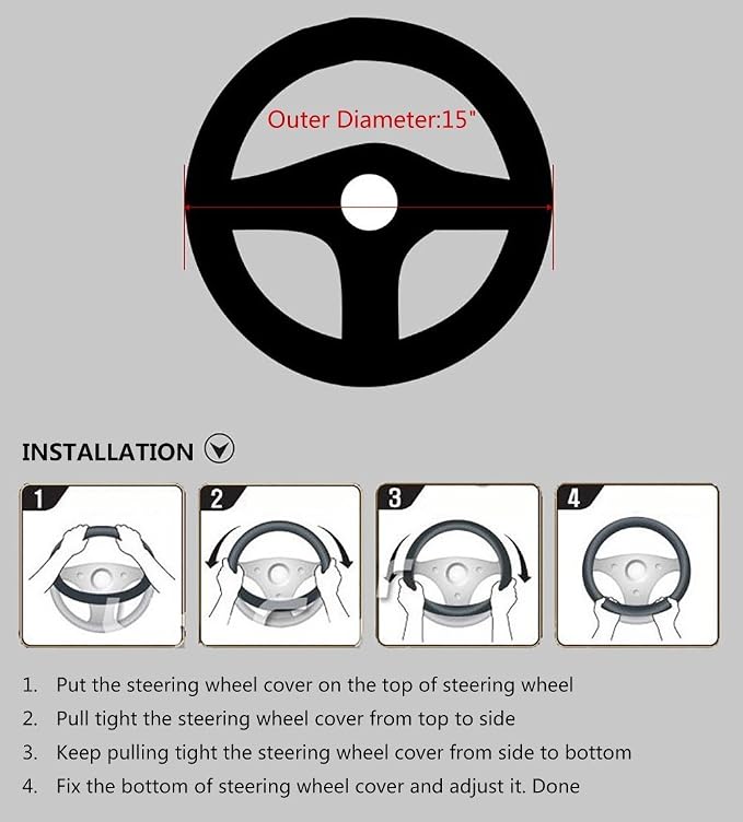 Valleycomfy Steering Wheel Covers Universal 15 inch - Genuine Leather, Breathable, Anti Slip & Odor Free (Black with Red Lines, M(14" 1/2-15" 1/4))