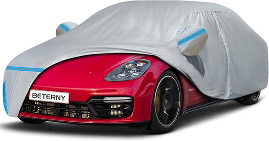 Car Cover for Porsche Panamera 2014-2026, Waterproof Custom-fit Sun Rain Dust Snow Wind All Weather Protection Outdoor Full Car Cover with Cotton Lining and Door Zipper-Grey