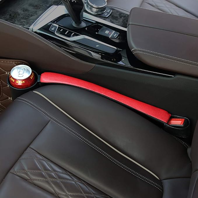 Supin 2 Prices Car Seat Gap Filler Pad PU Leather Console Side Pocket Organizer and one Cup for Cellphone Wallet Coin Key (Black+Red)