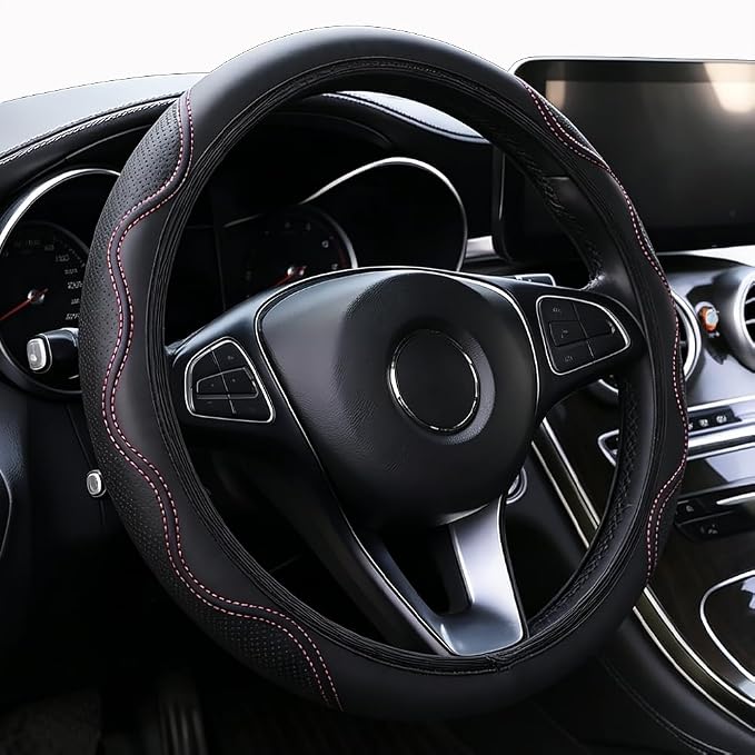 Elastic Steering Wheel Cover Black and Pink Universal 14-15 inch | Leather Car Steering Wheel Covers Stretch Microfiber Breathable Anti-Slip Car Accessories Fit for Suvs, Vans, Trucks