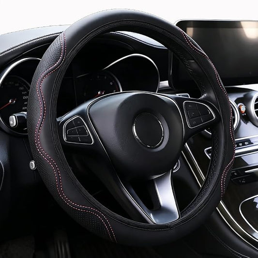 Elastic Steering Wheel Cover Black and Pink Universal 14-15 inch | Leather Car Steering Wheel Covers Stretch Microfiber Breathable Anti-Slip Car Accessories Fit for Suvs, Vans, Trucks