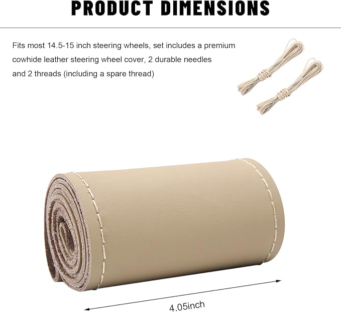 Genuine Leather Steering Wheel Cover, 15 Inch Stitch on Steering Wheel Protector with Needle & Thread, Anti-Slip DIY Sewing Wheels Wrap for Most Vehicles (Beige, Glossy)