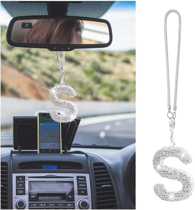 Bling Car Letter Charm, Crystal Rhinestone Rear View Mirror Hanging Ornament, Cute Lucky Diamond Automotive Interior Pendant Decoration Accessories, Universal for Vehicles(S)