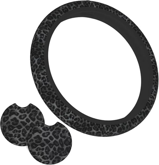 Black Leopard Print Steering Wheel Cover Black Cheetah Leopard Print Steering Wheel Cover Anti-Slip Breathable for 15 in Universal 2 Pcs Car Interior Cup Holder Pad for Men Women