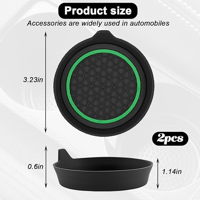 HZEL Car Cup Holder Coasters, 2PCS Non Slip Waterproof Vehicle Water Bottle Pads, Recessed Automotive Drink Mat Decoration Accessories, Universal Fit (Green/Black)
