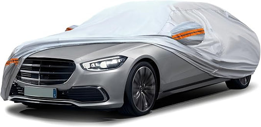 6-Layer Full Car Cover is All-Weather Waterproof, Fit for 205"-216" Length Sedan, Universal in All Seasons, Snow Prevention, Rainproof, Acid Rainproof, Sunscreen, Orange Reflective Strip