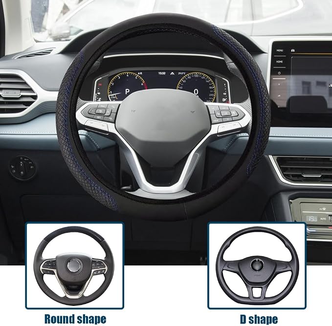 Car Steering Wheel Cover, Universal 14.5-15 Inch Black Leather Steering Wheel Wrap with Better Sport Grip for Men Women, Anti-Slip Breathable Car Interior Accessories for Most Vehicles (Black blue2)