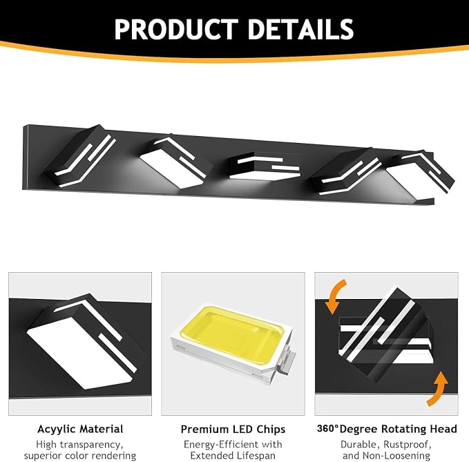 LED Modern Bathroom Vanity Light Fixtures, Dimmable Matte Black Vanity Lights for Bathroom Lighting Fixtures Over Mirror, with 360° Rotatable Acrylic Heads 5-Light 36-inch 5CCT
