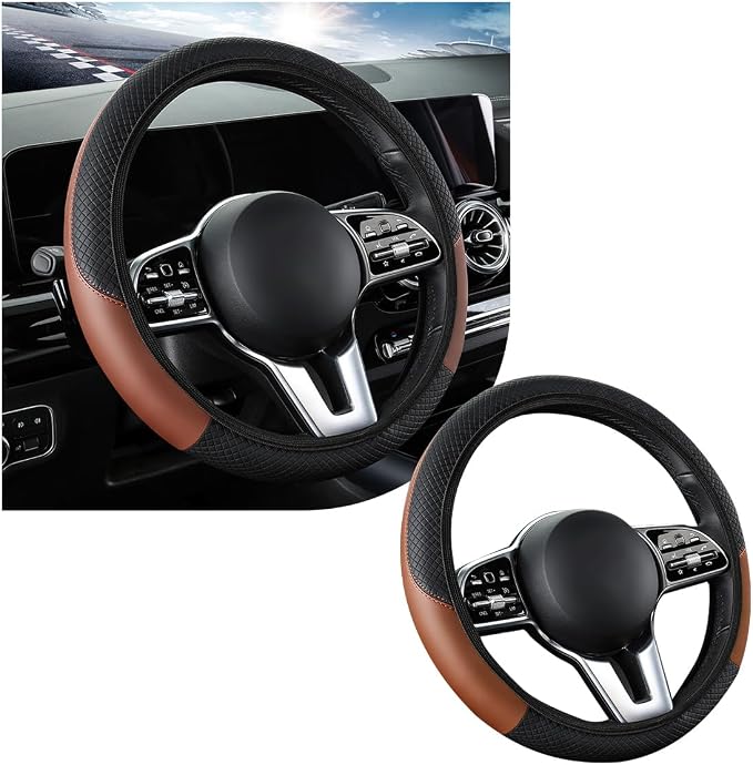 povtii Car Steering Wheel Cover, 15 Inch Leather Breathable Auto Steering Wheel Protector, Comfortable Non-Slip Vehicle Steering Wheel Covers, Universal Interior Car Accessories (Black+Coffee, AD)