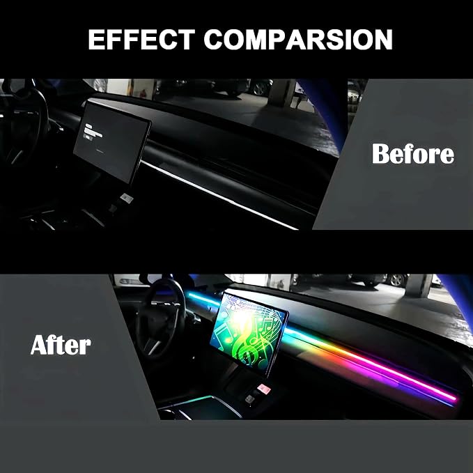 Interior Car Ambient Lighting Neon Kit for Center Console Dashboard Gap | 43.3 Inches, High Bright, RGB LED Ultrathin Acrylic Strip Lights, APP & Remote Control, USB interface, Music Sync, Universal