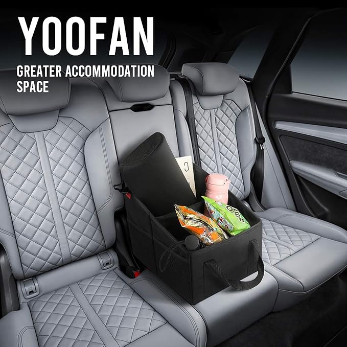 YOOFAN Car Seat Organizer - Passenger Seat Organizer, Collapsible Small Car Seat Storage Organizer for Console Front/Back, Automotive Backseat Organizer with Belt 4 Cup Holders for Kids Accessories