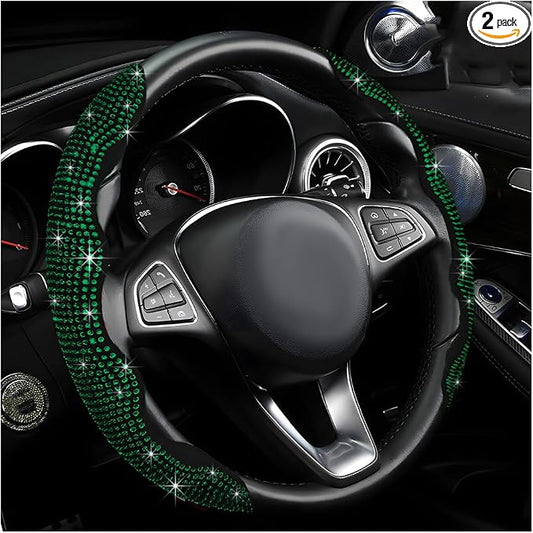 2 PCS Steering Wheel Cover, Segmented Car Wheel Covers with Crystal Rhinestones, Non-Slip Protector Bling Sparkly Decoration for Most Steering Wheels, Car Accessories (Green)