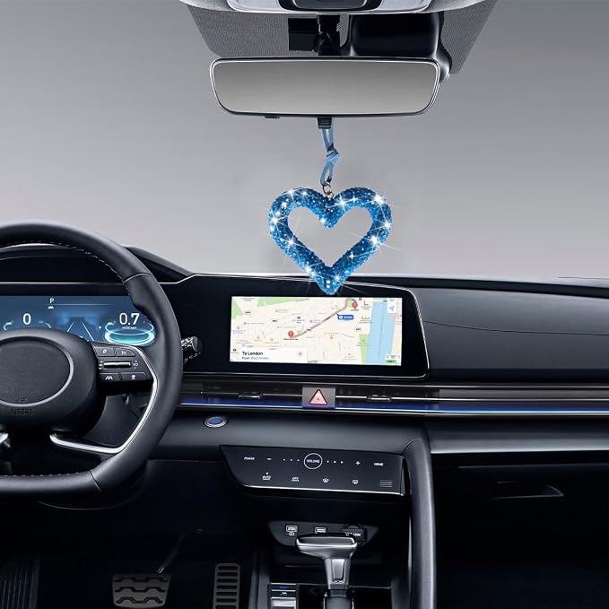 Mandark Bling Heart Car Hanging Accessories, Crystal Rhinestone Vehicle Rear View Mirror Charm Pendant Ornaments, Cute Diamond Auto Interior Hanger Decoration for Women Girls (Light Blue)