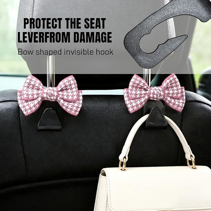 2PCS Car Seat Headrest Hooks, Car Purse Hook, Cute Bow Knot Vehicle Seatback Hanging Storage Organizer, Auto Seatback Decor Organizer Hanger for SUV Truck (Small Houndstooth/Pink)