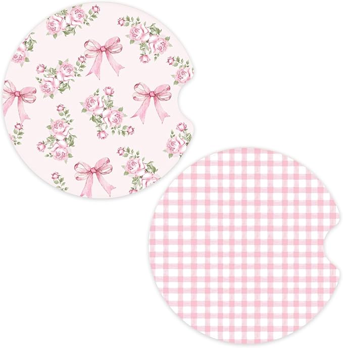 Ceramic Car Coasters – Absorbent Car Cup Holder Coaster Set for Women, Cute Aesthetic Car Accessories for Girls, 2 Pack (Fuchsia)