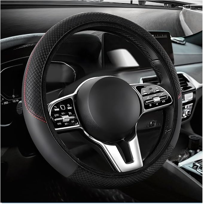 Car Steering Wheel Cover, 15 Inch Anti-Slip Stretch Leather Steering Wheel Protector, Comfortable Breathable Sporty Steering Wheel Cover for Women Men, Car Accessories (Black, AD)