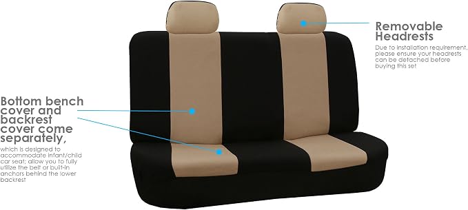 FH Group Car Seat Cover For Back Seat Cloth-Universal Fit Rear Seat Covers For Cars With Solid Bench,Car Seat Protector For Dogs And Kids,Car Interior Accessories For SUV,Sedan And Van Beige