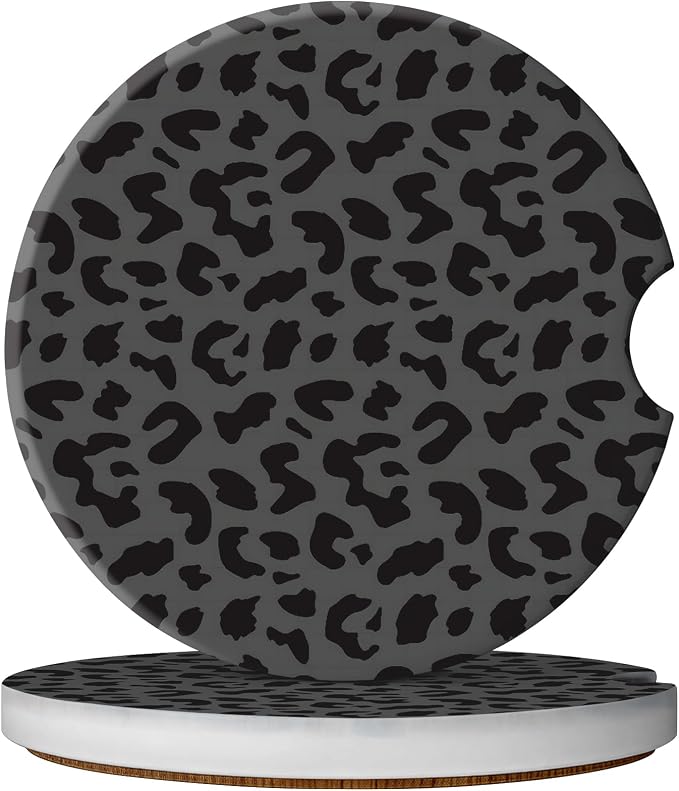 2 Pack Car Coasters for Cup Holders, Absorbent Ceramic Cup Coaster with Cork Base and Finger Notch, Cute Car Accessories Interior for Women Men (Leopard-Black)