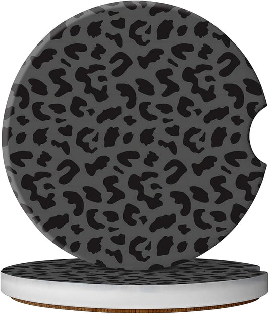 2 Pack Car Coasters for Cup Holders, Absorbent Ceramic Cup Coaster with Cork Base and Finger Notch, Cute Car Accessories Interior for Women Men (Leopard-Black)