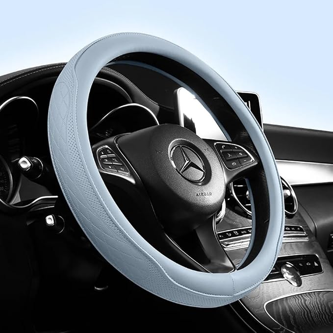 Universal Light Blue Steering Wheel Cover - Premium Perforated Leatherette & Odorless Rubber Inner Grip for Non-Slip Control and Cool Style, Easy Install for Most Cars