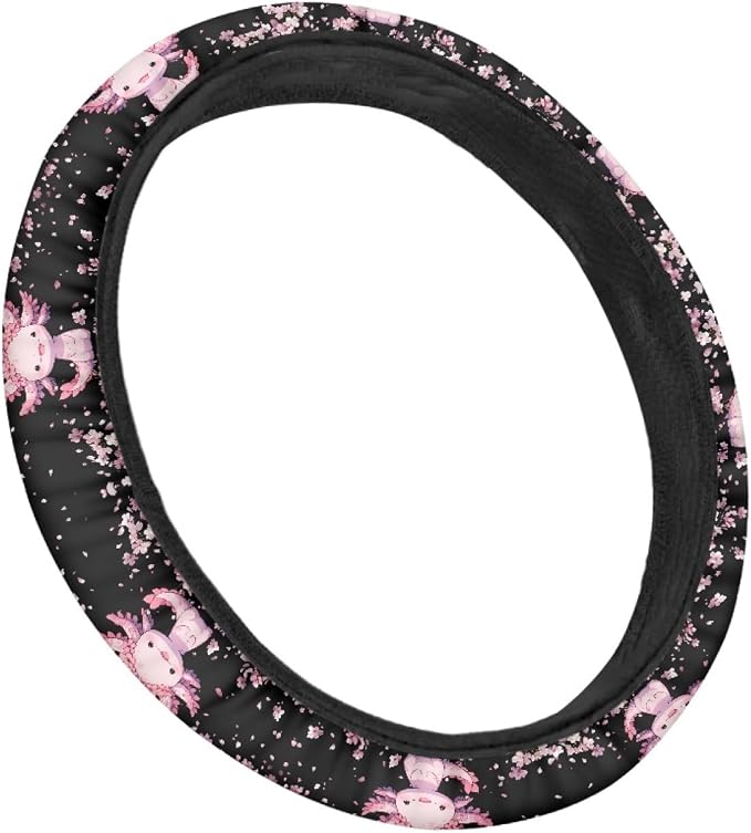 AFPANQZ Cartoon Axolotl Cherry Blossom Car Steering Wheel Cover Non-Slip Rubber Steering Wheel Covers Warm Breathable Sweat Absorption 15 Inches Pink