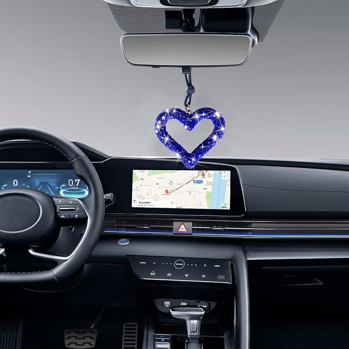 Mandark Bling Heart Car Hanging Accessories, Crystal Rhinestone Vehicle Rear View Mirror Charm Pendant Ornaments, Cute Diamond Auto Interior Hanger Decoration for Women Girls（Dark Blue）