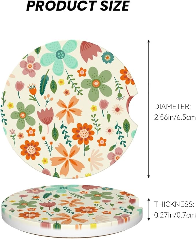 Flower Floral Car Cup Holder Coaster 2 Pack Absorbent Ceramic Car Coasters for Cup Holders Car Accessories Interior for Women Men Universal Anti Slip Cork Base Cup Coasters with Finger Notch