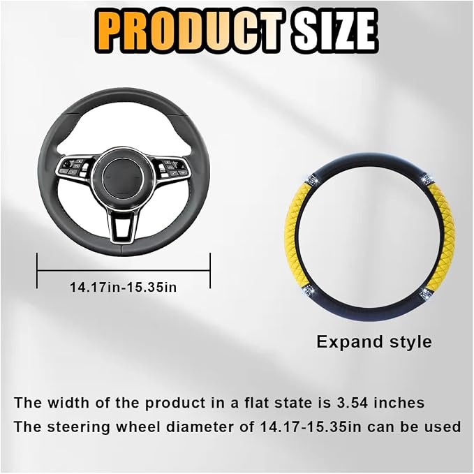 JOYCOURT 15 Inch Bling Soft Leather Car Steering Wheel Cover, Yellow | Colorful Rhinestones Design, Auto Elastic Protector for Women Girls, Crystal Diamond Car Accessories for Most Cars, SUVs