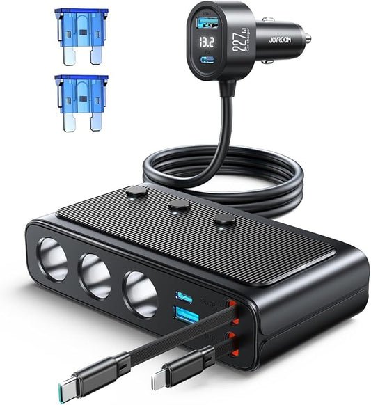 227W 9 in 1 Cigarette Lighter Splitter, PD36W *2 & QC3.0 Fast Car Charger | Retractable USB C Fast Charger, 12V/24V Car Charger, 31.5IN Retractable Cords & 39.6IN Extension Cord, LED Voltage Display