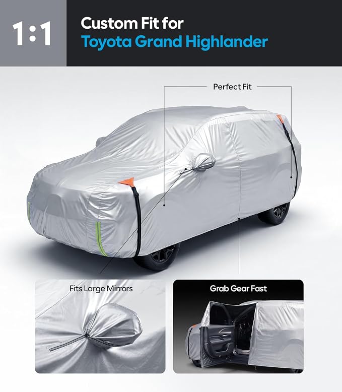 Wigoo Toyota Grand Highlander Car Cover Accessories 2024-2026, Custom Fit Waterproof All Weather Outdoor Indoor Full SUV Cover, Windproof Sun UV Rain Snow Dust Protection, Door Zipper