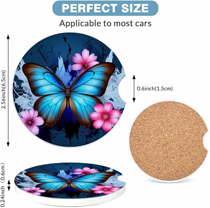 Beautiful Butterfly Car Cup Holder Coaster 2 Pack Absorbent Ceramic Car Coasters for Cup Holders Car Accessories Interior for Women Men Universal Anti Slip Cork Base Cup Coasters with Finger Notch