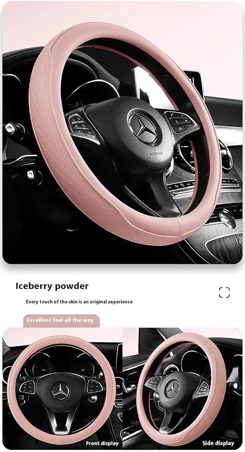 Pink Steering Wheel Cover for Women, Cute Perforated Synthetic Leather Car Accessory with Odorless Rubber Inner, Non-Slip Universal Fit (Pink)