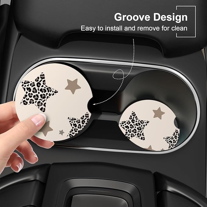 Ceramic Car Coasters – Absorbent Car Cup Holder Coaster Set for Women, Cute Aesthetic Car Accessories for Girls, 2 Pack (Oatmeal)