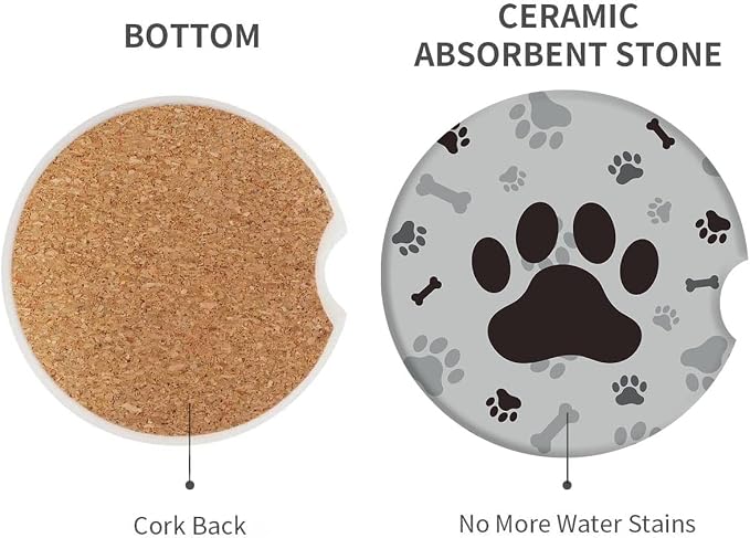 Britimes Absorbent Car Coasters 2 Pack for Cup Holders, 2.56" Ceramic Stone & Non-Scratch Cork Base Drink Coasters Dog Footprints