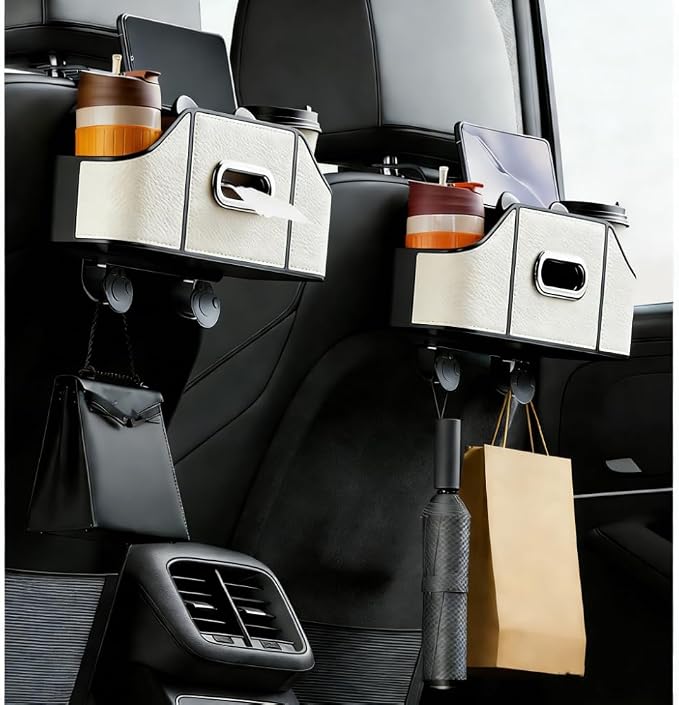 2 Pack 4-in-1 Car Backseat Organizer, PU Leather Headrest Storage Box with Tissue Holder, Dual Cup Holders, Phone Stand & Hooks, Universal Fit for Most Cars, Road Trip Essentials (Beige)