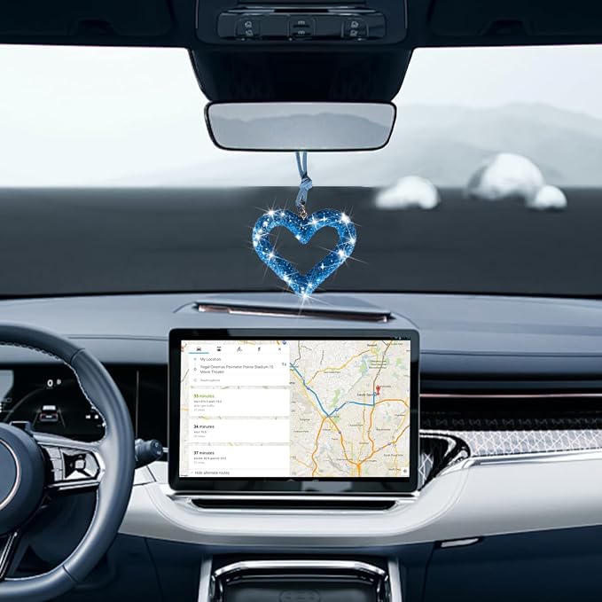 Mandark Bling Heart Car Hanging Accessories, Crystal Rhinestone Vehicle Rear View Mirror Charm Pendant Ornaments, Cute Diamond Auto Interior Hanger Decoration for Women Girls (Light Blue)