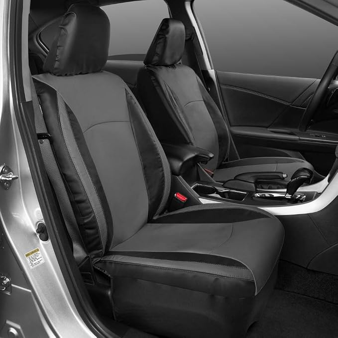 Motor Trend Gray Faux Leather Car Seat Covers for Front Seats – Automotive Bucket PU Leather Seat Covers for SUV Made for Vehicles with Removable Headrests, Interior Covers for Car Truck Van SUV