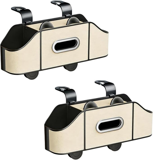 2 Pack 4-in-1 Car Backseat Organizer, PU Leather Headrest Storage Box with Tissue Holder, Dual Cup Holders, Phone Stand & Hooks, Universal Fit for Most Cars, Road Trip Essentials (Beige)