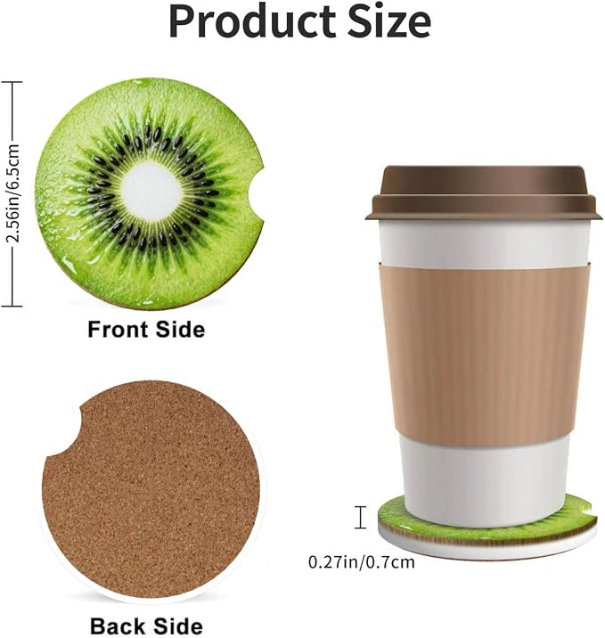 Kiwi Fruit 2 Pack Car Cup Holder Coasters Absorbent Ceramic Drink Coasters 2.56" Universal Anti Slip Cup Mat with Non-Scratch Cork Base and Finger Notch Auto Accessories Interior for Women Men
