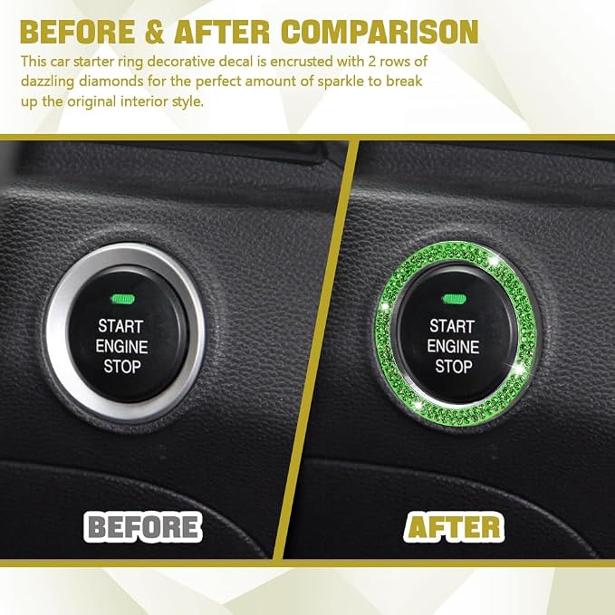 2PCS Car Bling Crystal Rhinestone Engine Start Decals, Push to Start Button Cover & Key Ignition Knob Bling Ring, Car Accessories