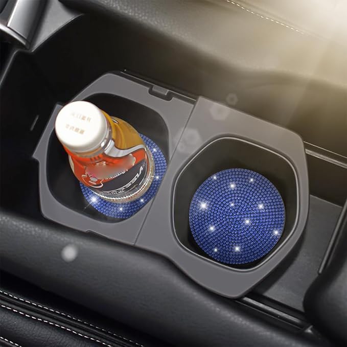 Osilly Bling Car Cup Holder Coaster, 2 Pack Crystal Rhinestone Anti-Slip Insert Coasters, Universal 2.75 Inch Fashion Automotive Cup Mat, Car Interior Accessories Decor Gifts for Women (Dark Blue)