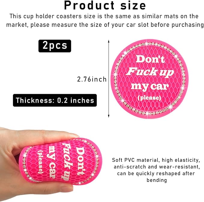 2 PCS Bling Car Cup Coaster, 2.75 Inch Anti-Slip Cup Holder Insert Coasters, Crystal Rhinestone Auto Drink Car Cup Mat for Women Girls, Universal Interior Car Accessories (Rose Red)
