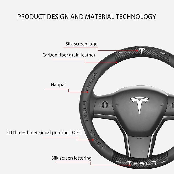 fir for Tesla Steering Wheel Cover,Carbon Fiber Texture Nappa Leather,Custom Embossed Logo,Round Shape, Car Steering Wheel Protector Compatible with Tesla Model 3 Model y Accessories